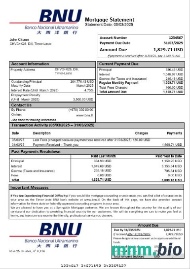 Timor Wschodni BNU Bank wyciąg z kredytu hipotecznego w formatach Word i PDF